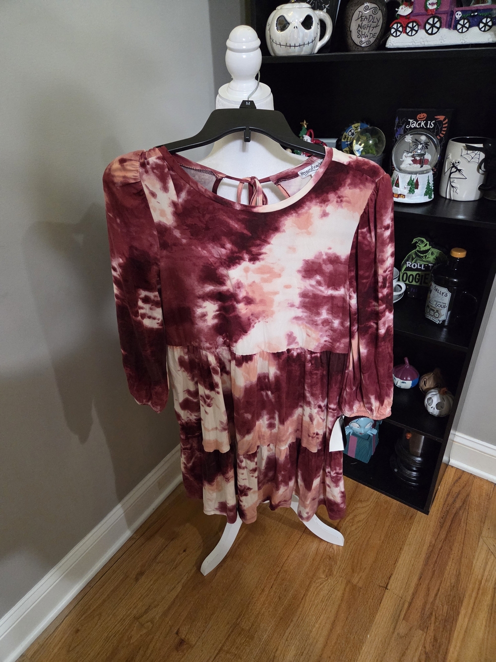 Xtraordinary Burgundy and Pink Tie-Dye Babydoll Tunic Dress